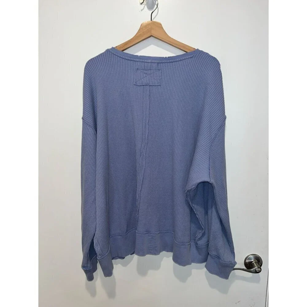 Free People Coraline Blue Waffle Knit V-Neck Oversized Pullover Sweater Medium